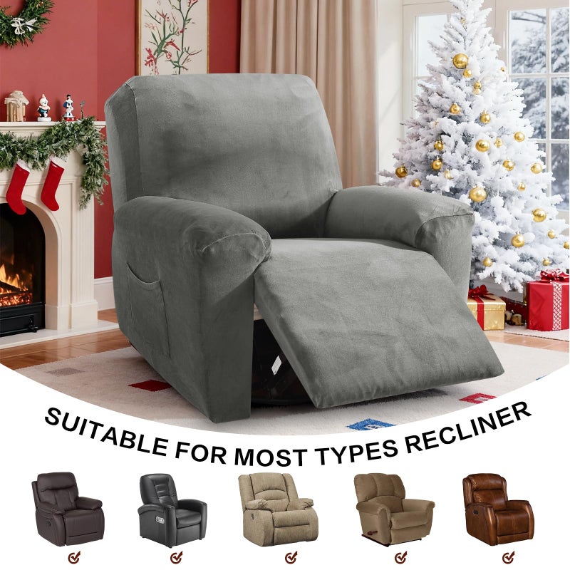MAXIJIN Velvet 4 Piece Recliner Cover Stretch Plush Soft Cover for Chair Thick Soft Recliner Slipcover Separate Chair Cover with Side Pocket (Recliner, Gray) - Image 2